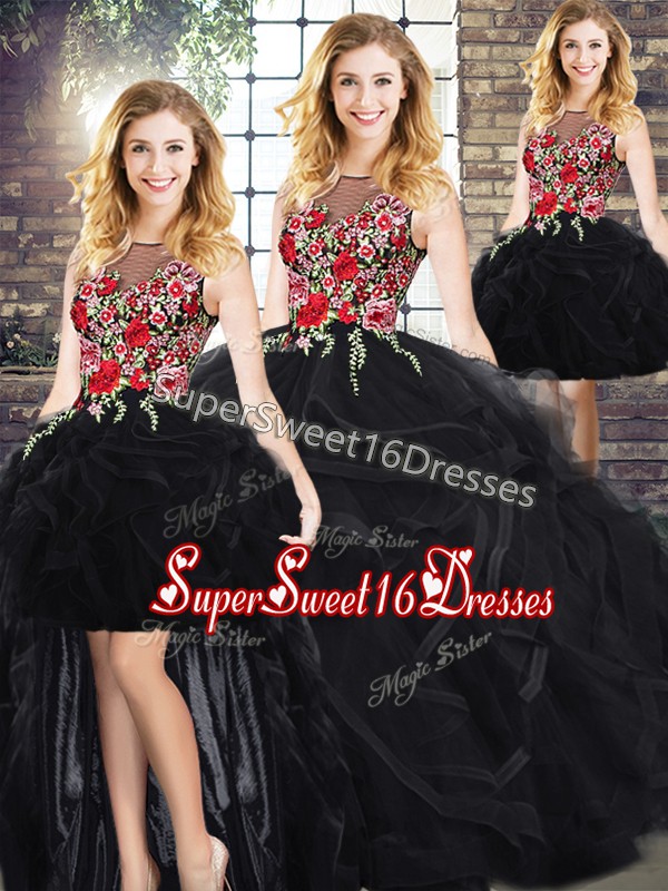 Designer Black Scoop Neckline Embroidery and Ruffles 15 Quinceanera Dress Sleeveless Zipper