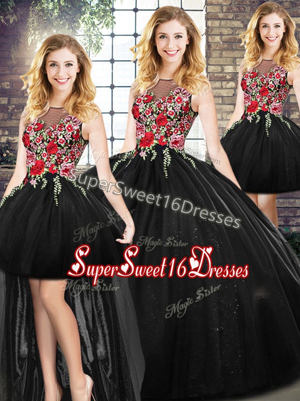  Black Quinceanera Dresses Military Ball and Sweet 16 and Quinceanera with Embroidery Scoop Sleeveless Zipper