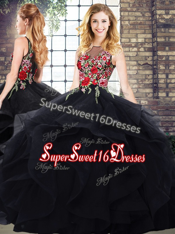 Custom Fit Black Zipper Scoop Embroidery and Ruffles 15 Quinceanera Dress Sleeveless