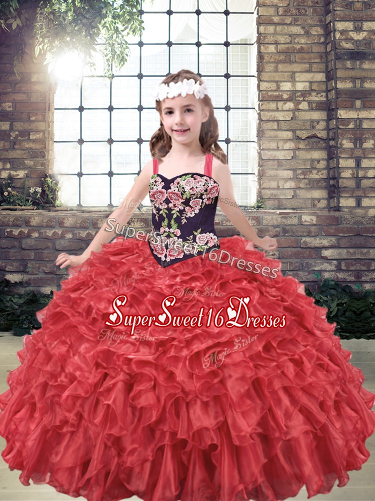  Red Sleeveless Organza Lace Up Pageant Dress for Girls for Party and Wedding Party