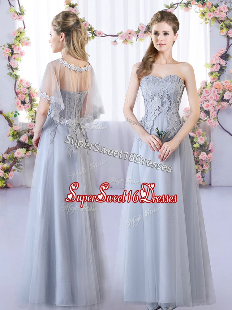  Floor Length Grey Court Dresses for Sweet 16 Tulle Sleeveless Lace