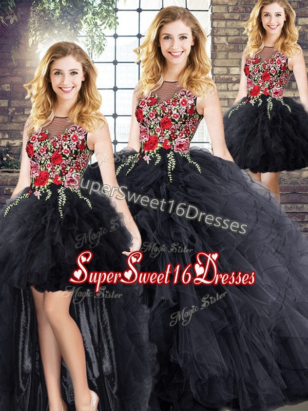 On Sale Scoop Sleeveless Vestidos de Quinceanera Floor Length Embroidery and Ruffles Black
