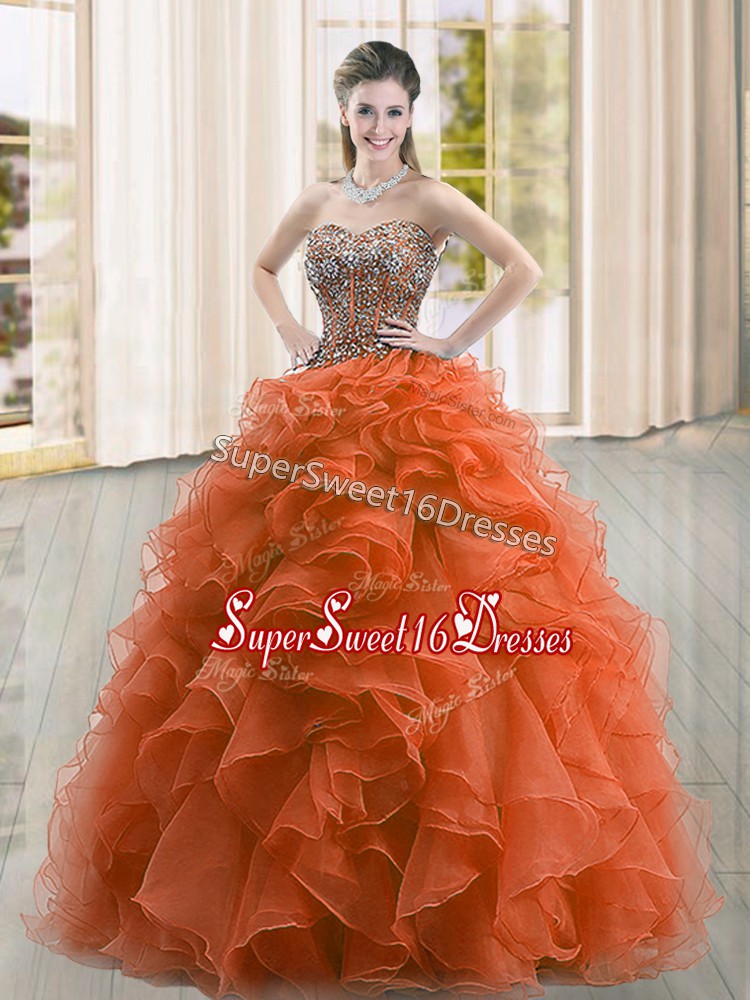  Rust Red Sleeveless Organza Lace Up Quinceanera Dress for Military Ball and Sweet 16 and Quinceanera