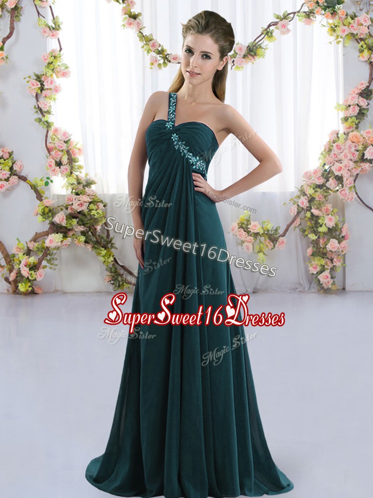  Sleeveless Beading Lace Up Court Dresses for Sweet 16 with Peacock Green Brush Train