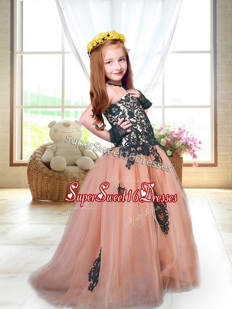 Latest Peach A-line Appliques Kids Pageant Dress Lace Up Tulle Sleeveless