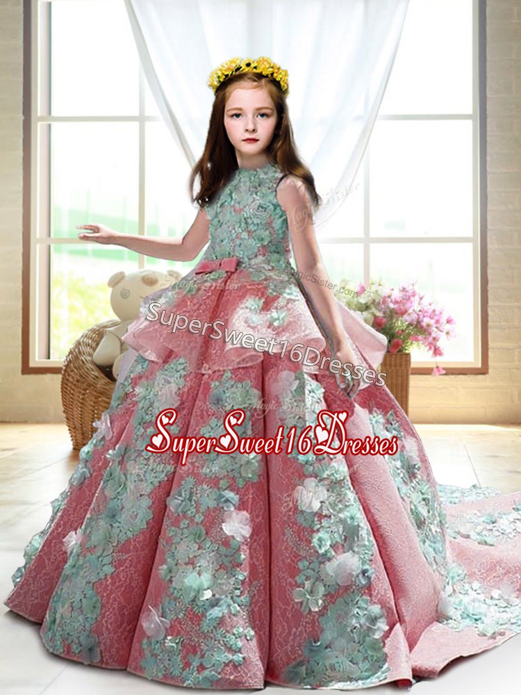  Sleeveless Court Train Backless Appliques Pageant Dress for Girls