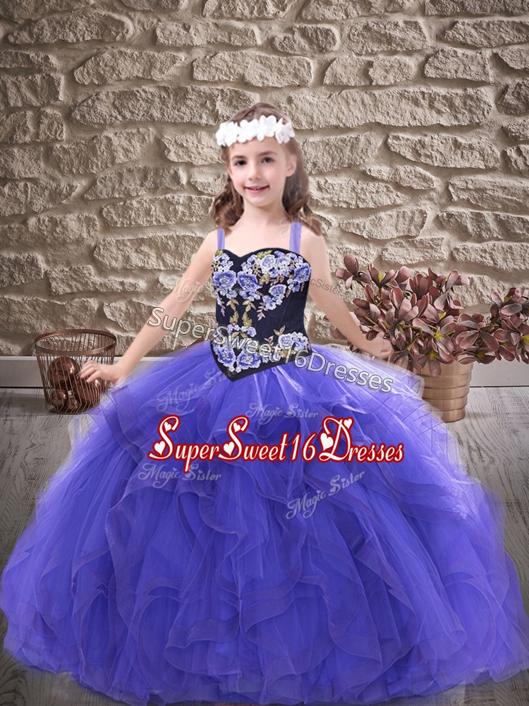Graceful Sleeveless Floor Length Embroidery and Ruffles Lace Up Glitz Pageant Dress with Purple