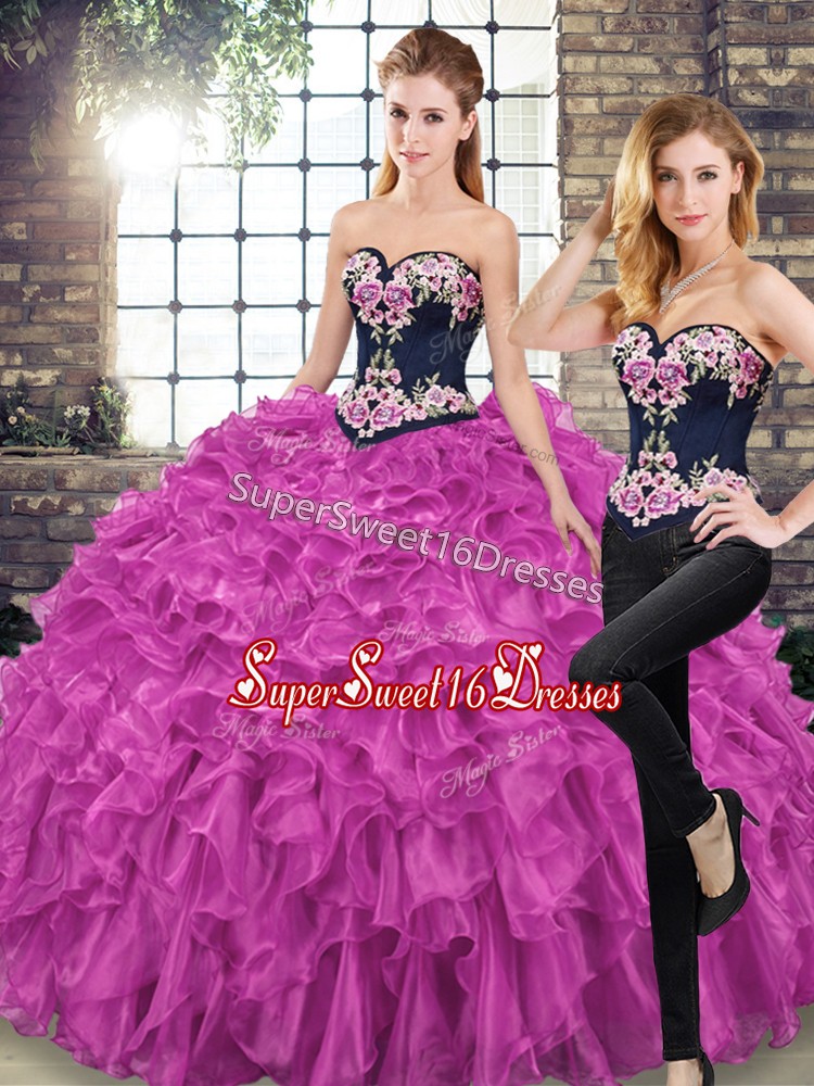 Cute Fuchsia Ball Gowns Sweetheart Sleeveless Organza Sweep Train Lace Up Embroidery and Ruffles Ball Gown Prom Dress