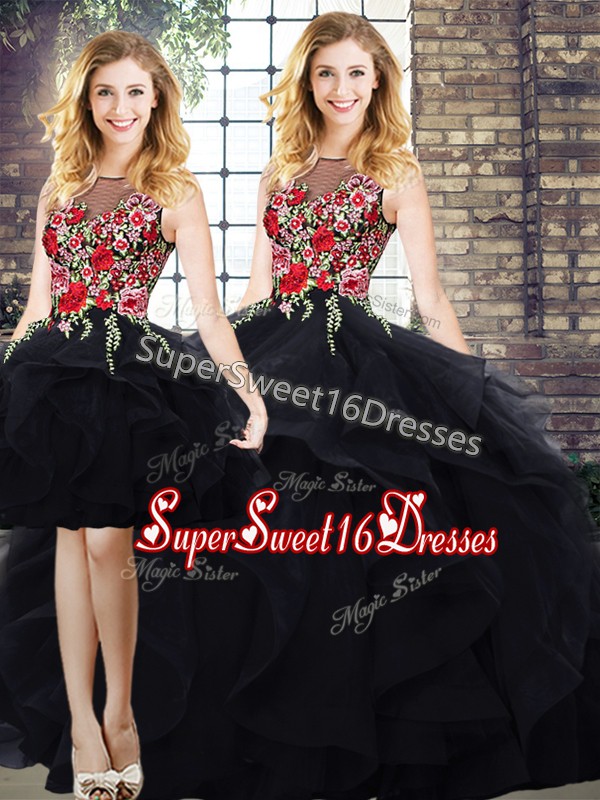  Tulle Bateau Sleeveless Lace Up Beading and Embroidery Sweet 16 Dresses in Black
