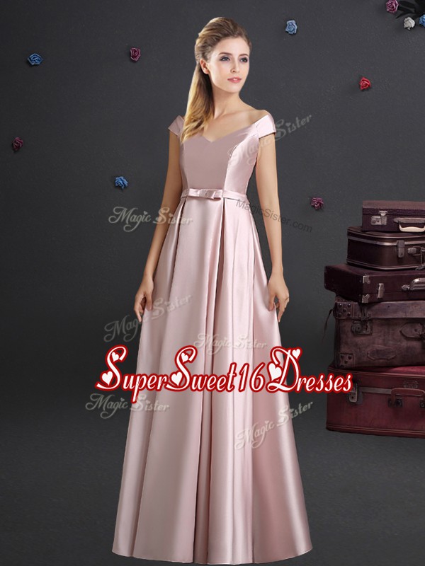 Comfortable Off the Shoulder Cap Sleeves Elastic Woven Satin Floor Length Zipper Quinceanera Court of Honor Dress in Pink with Bowknot