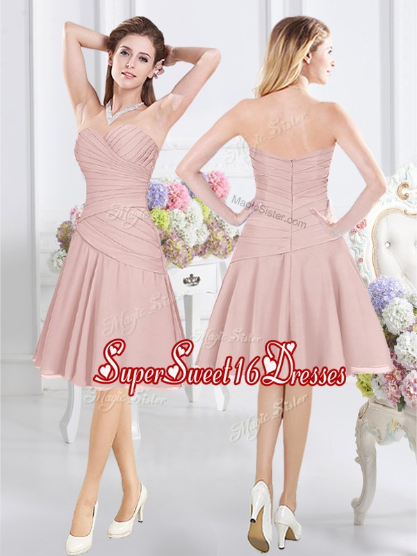  A-line Quinceanera Court of Honor Dress Pink Sweetheart Chiffon Sleeveless Knee Length Zipper