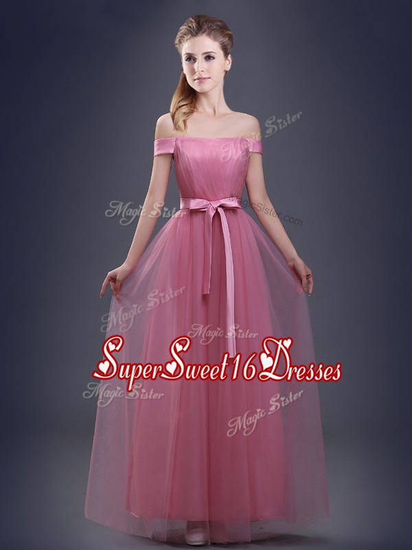 Designer Pink Off The Shoulder Neckline Ruching and Bowknot Dama Dress for Quinceanera Sleeveless Lace Up
