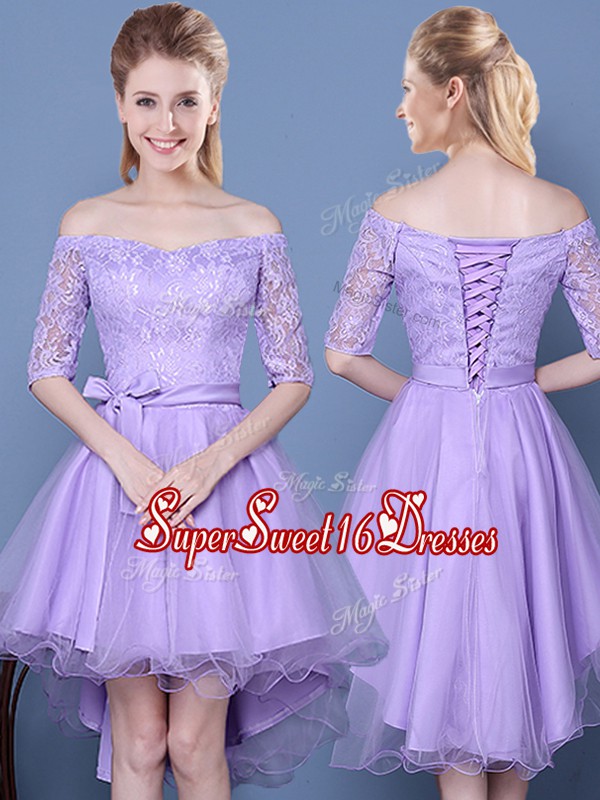Ideal Off the Shoulder Half Sleeves High Low Lace Up Vestidos de Damas Lavender for Prom and Party and Wedding Party with Lace and Bowknot and Belt