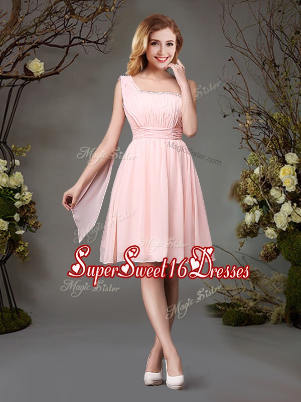 Beautiful Pink Zipper One Shoulder Beading and Ruching Dama Dress for Quinceanera Chiffon Sleeveless