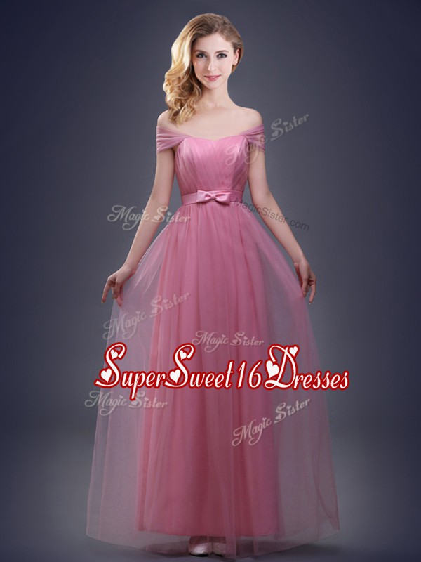 Glittering Off the Shoulder Pink Tulle Lace Up Dama Dress Sleeveless Floor Length Ruching and Bowknot