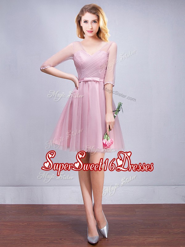 Delicate Mini Length A-line Half Sleeves Pink Damas Dress Lace Up