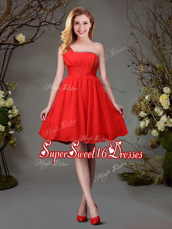 High End One Shoulder Sleeveless Mini Length Beading and Ruching Zipper Quinceanera Dama Dress with Red