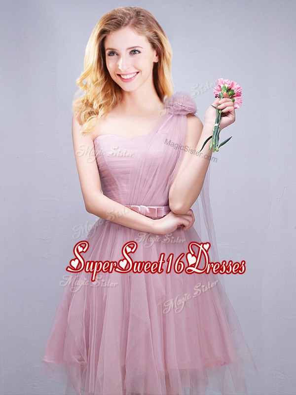  One Shoulder Tulle Sleeveless Mini Length Quinceanera Court Dresses and Ruching and Bowknot and Hand Made Flower