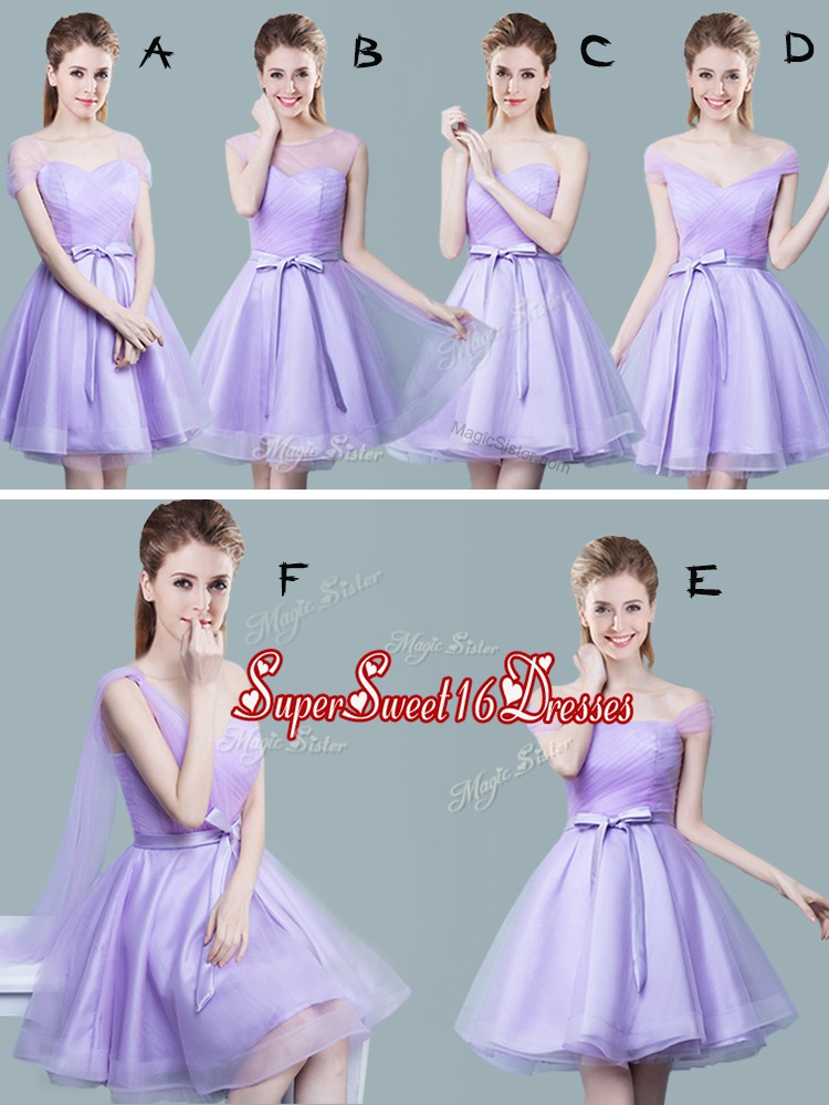  Straps Ruching and Bowknot Damas Dress Lavender Zipper Cap Sleeves Knee Length