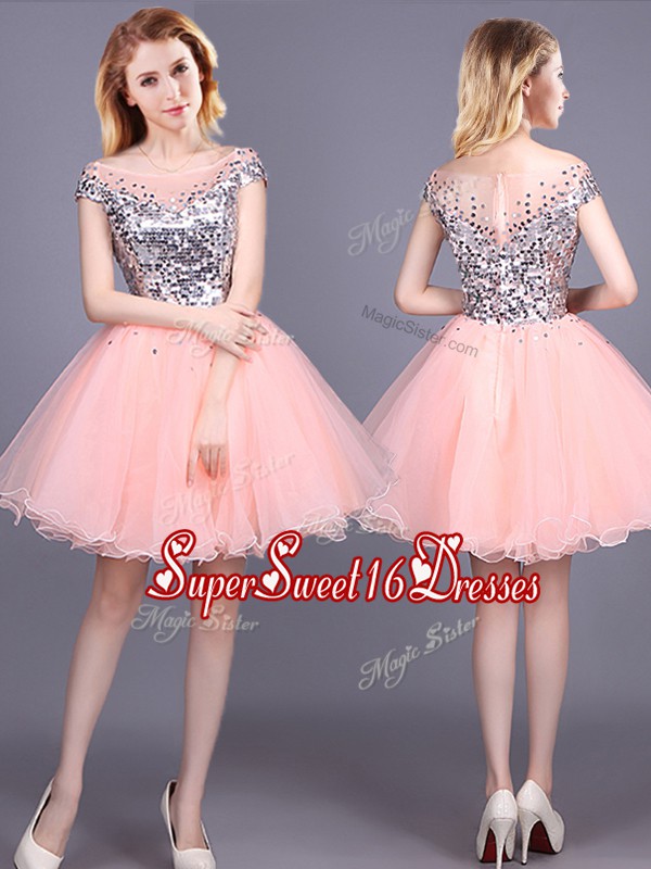 Spectacular Pink Dama Dress for Quinceanera Prom and Party and Wedding Party and For with Sequins Off The Shoulder Short Sleeves Zipper