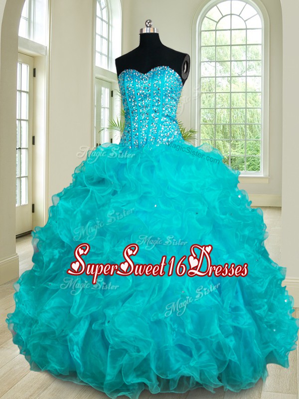  Teal Sleeveless Floor Length Beading and Ruffles Lace Up Quinceanera Gown