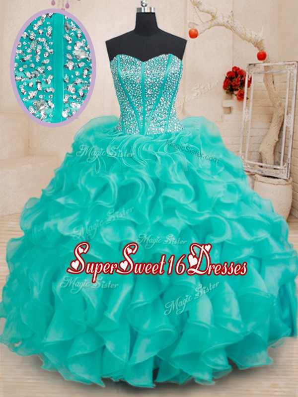 Turquoise Ball Gowns Sweetheart Sleeveless Organza Floor Length Lace Up Beading and Ruffles 15th Birthday Dress