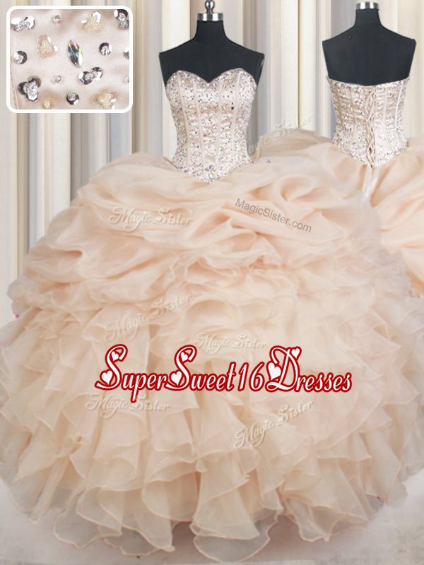 Classical Champagne Sweet 16 Dress Military Ball and Sweet 16 and Quinceanera and For with Beading and Ruffles and Pick Ups Sweetheart Sleeveless Lace Up