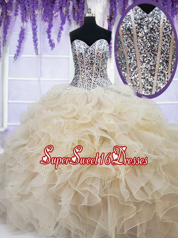 Fashion Sleeveless Floor Length Beading and Ruffles Lace Up Sweet 16 Dresses with Champagne