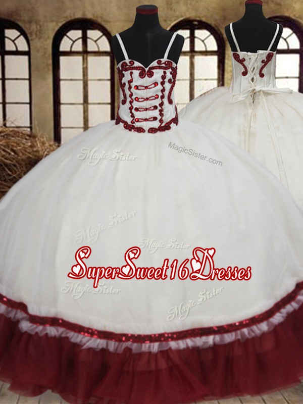  White And Red Ball Gowns Straps Sleeveless Organza Floor Length Lace Up Beading Ball Gown Prom Dress