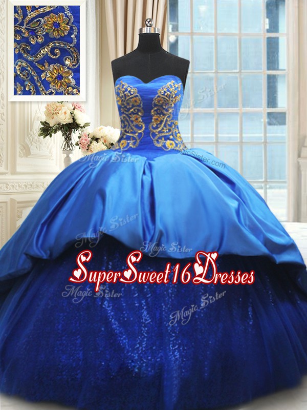  With Train Royal Blue 15th Birthday Dress Satin Court Train Sleeveless Beading and Embroidery
