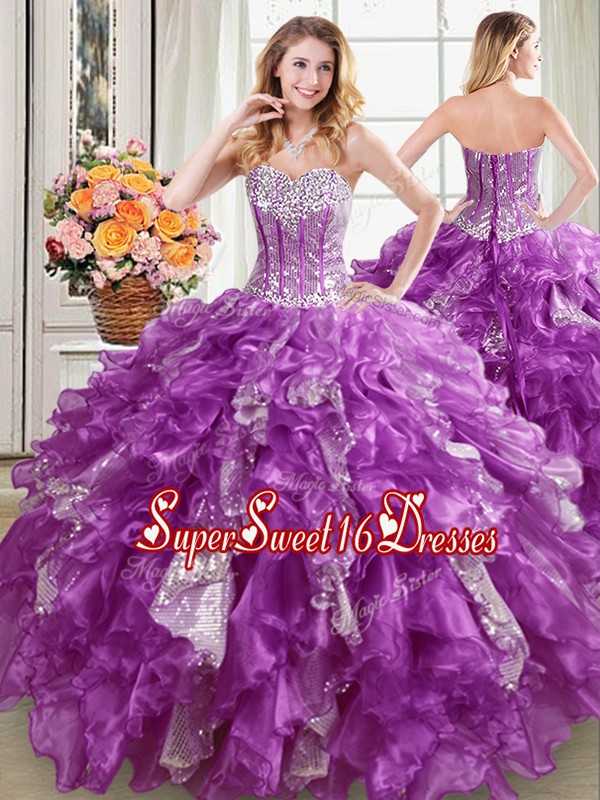  Purple Lace Up Sweetheart Beading and Ruffles and Sequins Quinceanera Dresses Organza Sleeveless