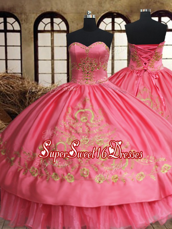  Sweetheart Sleeveless Sweet 16 Quinceanera Dress Floor Length Beading and Embroidery Pink Organza and Taffeta