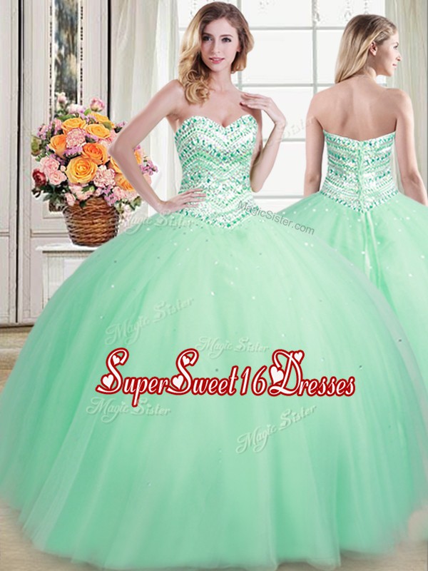 Apple Green Ball Gowns Beading 15th Birthday Dress Lace Up Tulle Sleeveless Floor Length