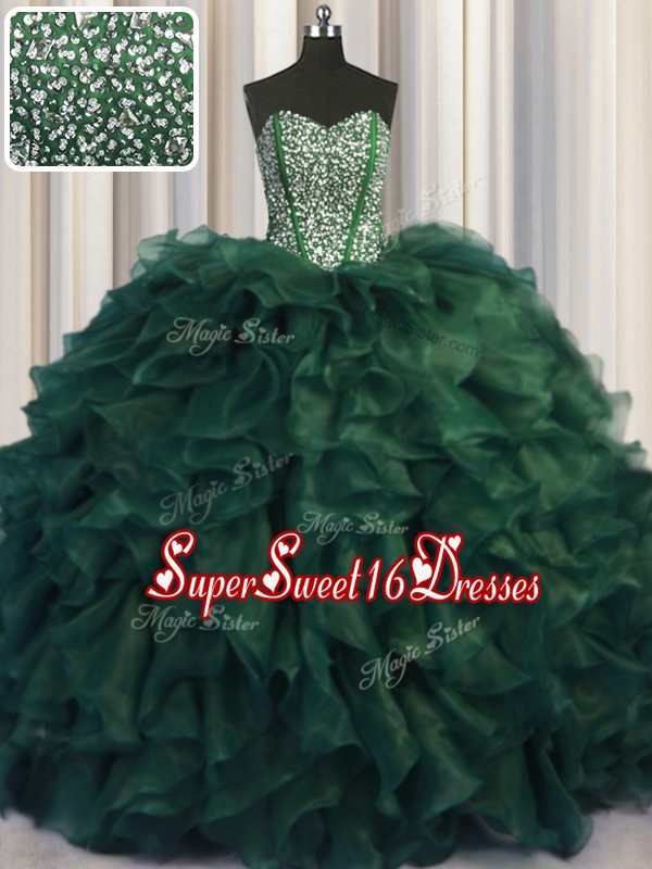 Comfortable Bling-bling Sleeveless Brush Train Beading and Ruffles Lace Up Quince Ball Gowns