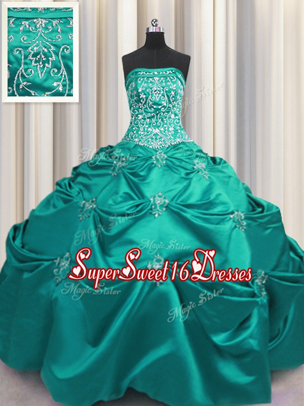  Dark Green Ball Gowns Strapless Sleeveless Taffeta Floor Length Lace Up Beading and Appliques and Embroidery 15 Quinceanera Dress
