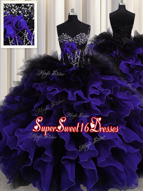 Glittering Black And Purple Ball Gowns Organza and Tulle Sweetheart Sleeveless Beading and Ruffles Floor Length Lace Up Sweet 16 Dress