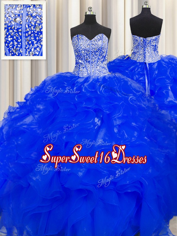  Visible Boning Beaded Bodice Royal Blue Lace Up Sweetheart Beading and Ruffles Sweet 16 Dresses Organza Sleeveless