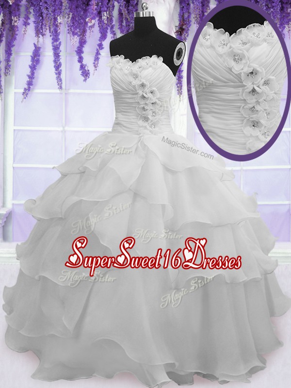 Flare Silver Ball Gowns Sweetheart Sleeveless Organza Floor Length Lace Up Beading and Ruffled Layers Quinceanera Dress