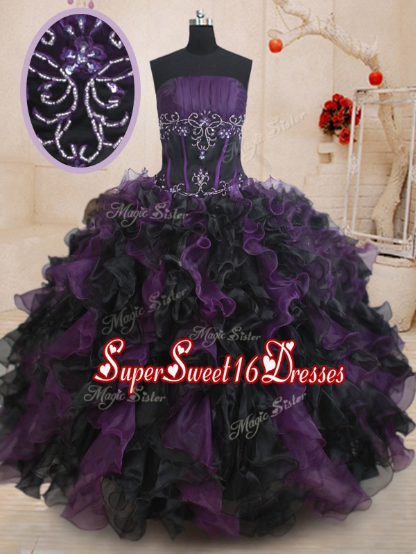  Ball Gowns Sweet 16 Dresses Black And Purple Strapless Organza Sleeveless Floor Length Lace Up