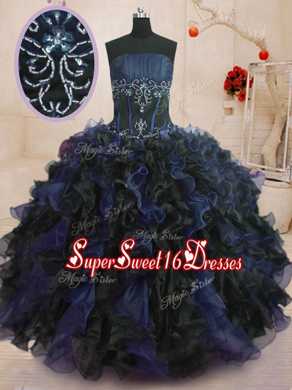  Blue And Black Organza Lace Up Strapless Sleeveless Floor Length Quince Ball Gowns Beading and Ruffles