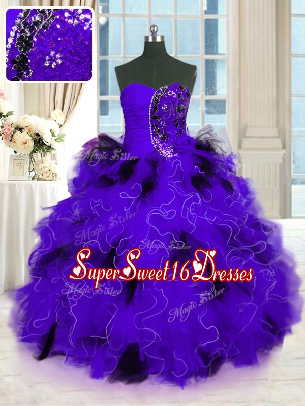 Beautiful Black And Purple Ball Gown Prom Dress Military Ball and Sweet 16 and Quinceanera and Beach and For with Beading and Ruffles Strapless Sleeveless Lace Up