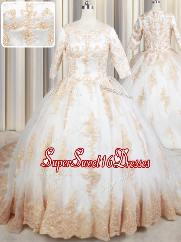  Scoop White Half Sleeves Court Train Beading and Lace and Appliques Quinceanera Dresses