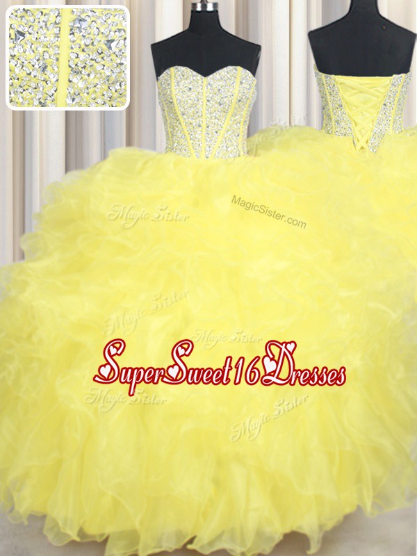  Beading and Ruffles Quince Ball Gowns Yellow Lace Up Sleeveless Floor Length