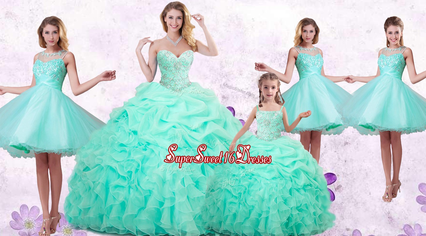  Sleeveless Organza Floor Length Lace Up 15 Quinceanera Dress in Apple Green with Beading and Ruffles and Pick Ups