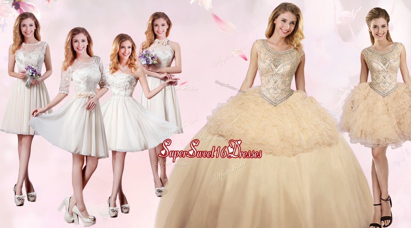  Scoop Champagne Sleeveless Organza and Tulle Lace Up 15 Quinceanera Dress for Military Ball and Sweet 16 and Quinceanera