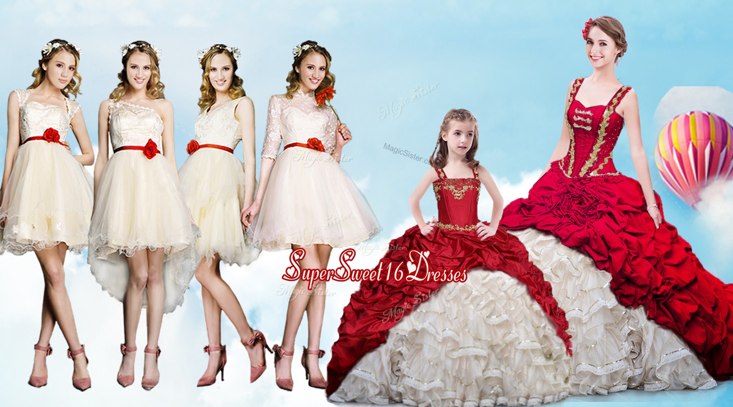 Eye-catching Straps Sleeveless Quinceanera Dress With Brush Train Beading and Ruffles and Pick Ups White And Red Organza and Taffeta