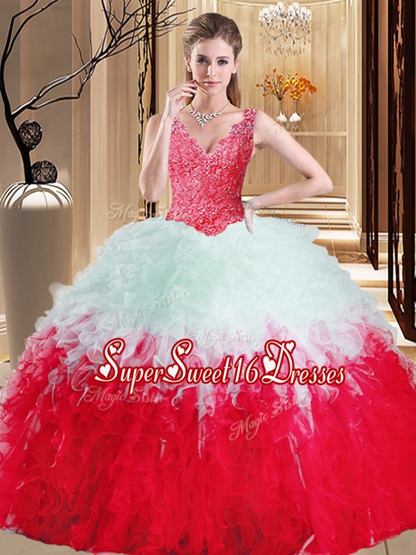 Extravagant White And Red V-neck Neckline Lace and Appliques and Ruffles Quinceanera Dress Sleeveless Zipper
