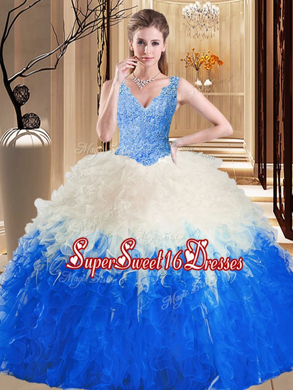 Low Price Blue And White Sleeveless Tulle Zipper Quince Ball Gowns for Military Ball and Sweet 16 and Quinceanera