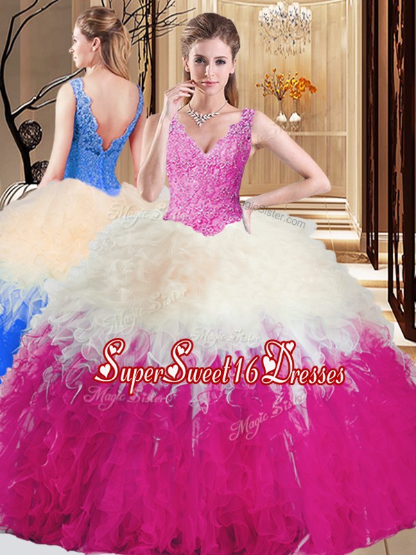 Free and Easy Multi-color Zipper V-neck Lace and Appliques and Ruffles Quince Ball Gowns Tulle Sleeveless