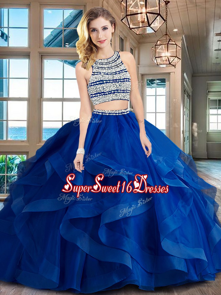 Sexy Scoop Royal Blue Sleeveless Tulle Brush Train Backless 15 Quinceanera Dress for Military Ball and Sweet 16 and Quinceanera